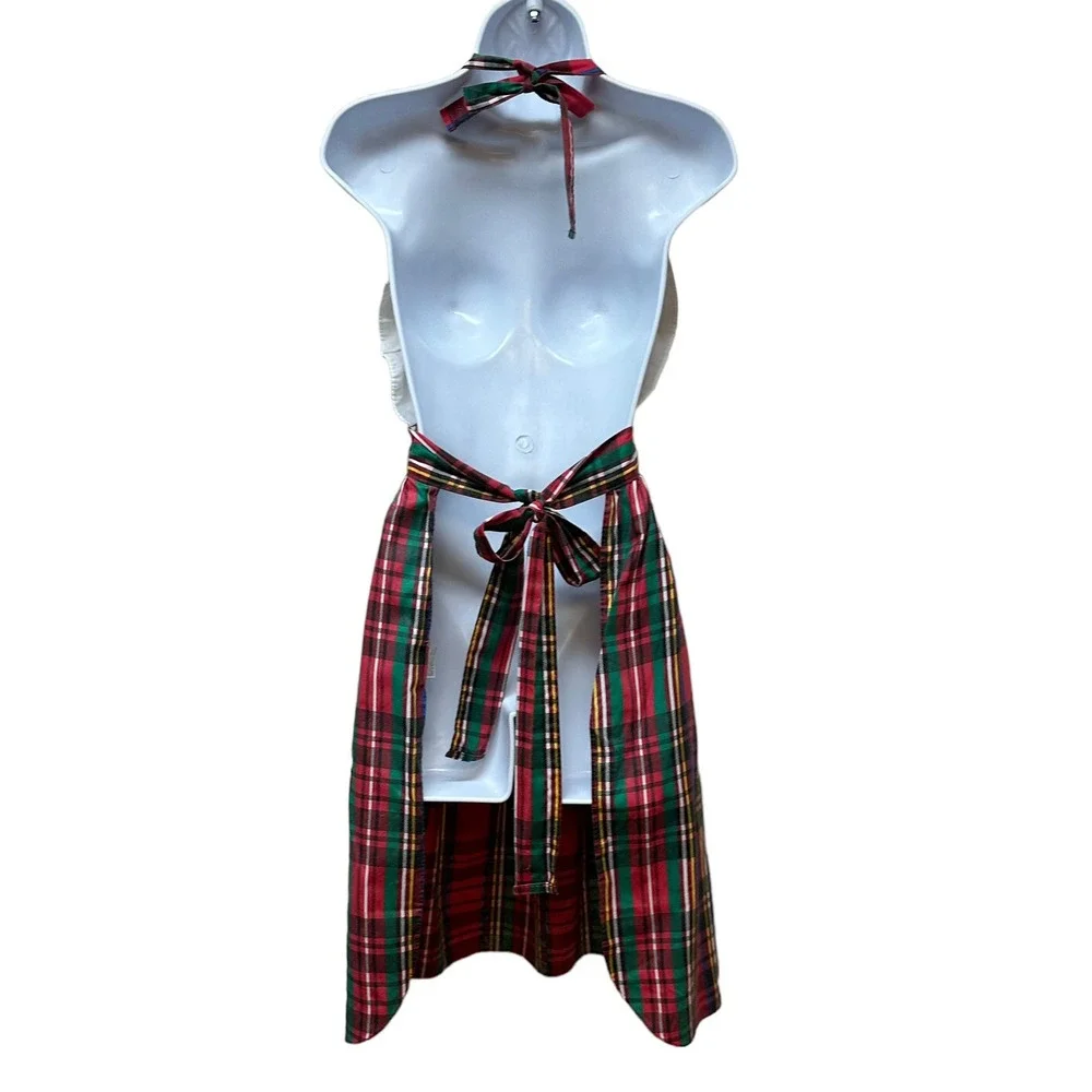 Vintage Red Plaid Ruffle Open Tie Back Apron Pinafore Cottagecore Christmas